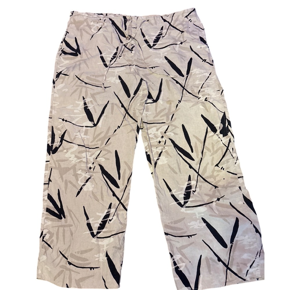 Kate Hill Womens Beige Black Linen Wide Leg Cropped Pants, Size‎ L